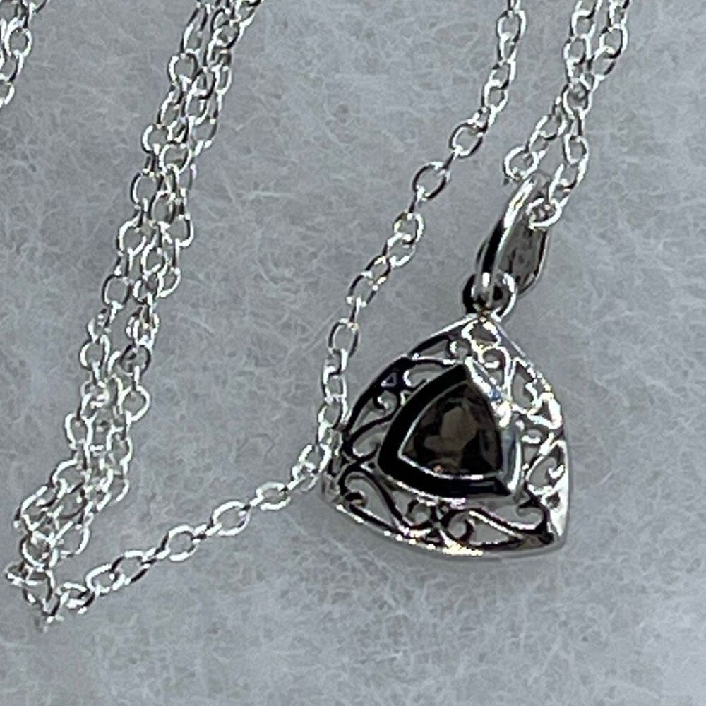 Sterling Silver Smokey Quartz gemstone filigree triangle pendant.